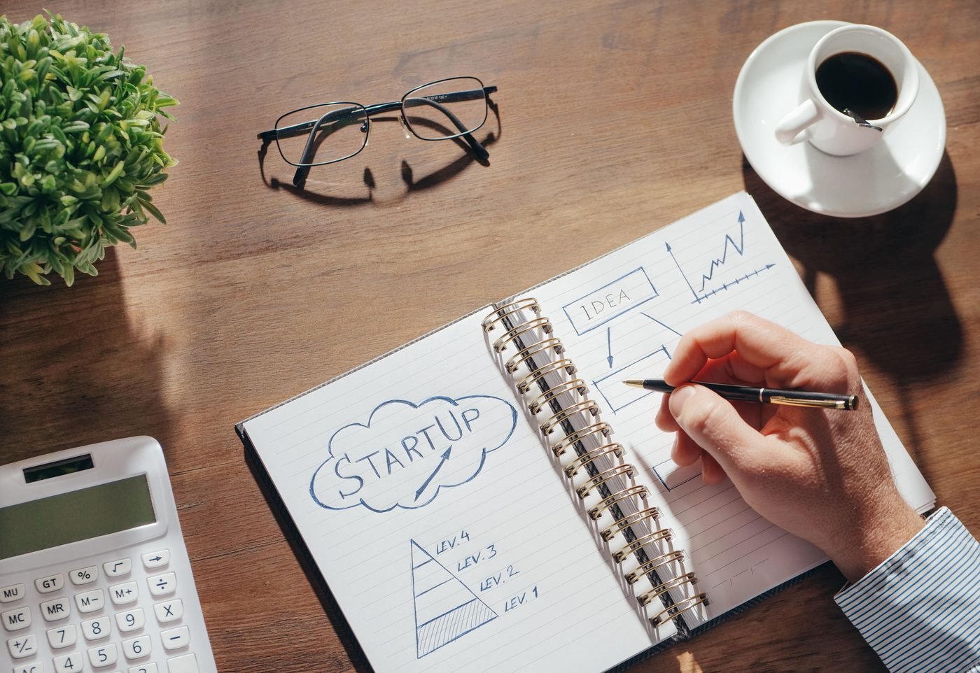 Persona escribiendo notas y esquemas de negocio en un cuaderno, junto a unas gafas, una calculadora y un café.
